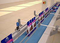 Photo sensors control bags of sweets being fed to robots